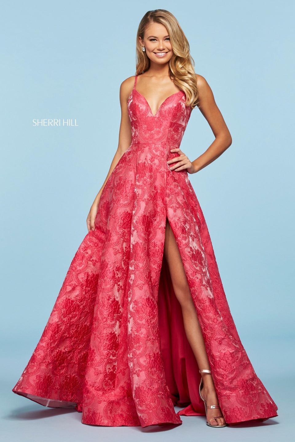 sherri hill Brocade A-line with V sweetheart neckline corset style lace up back and skirt slit