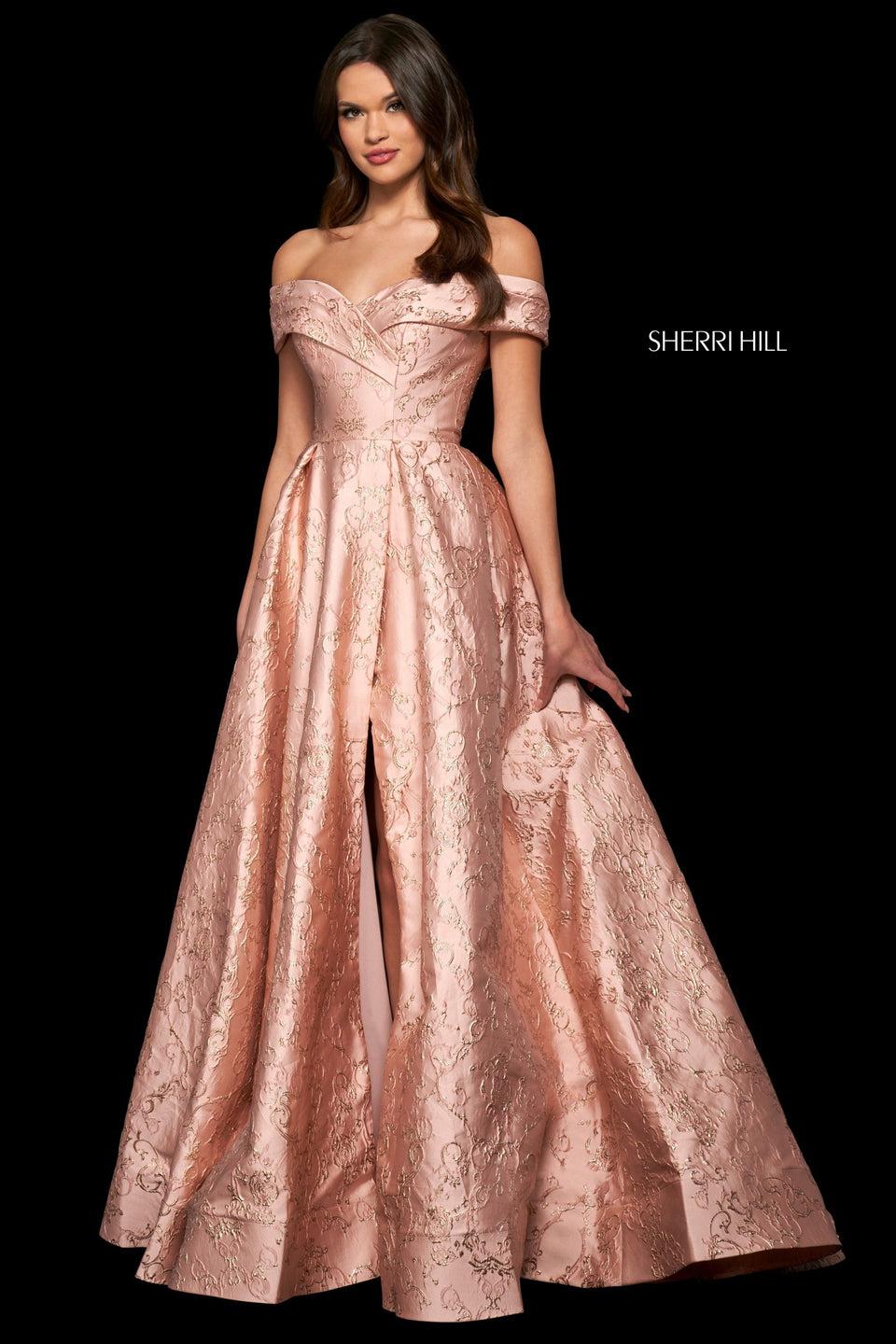 sherri hill Brocade ball gown with off-the-shoulder sweetheart neckline and skirt slit