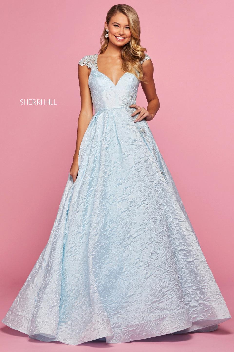 Sherri Hill Brocade Ball Gown With Sweetheart Neckline And Cap Sleeves With Beading And Embroidery