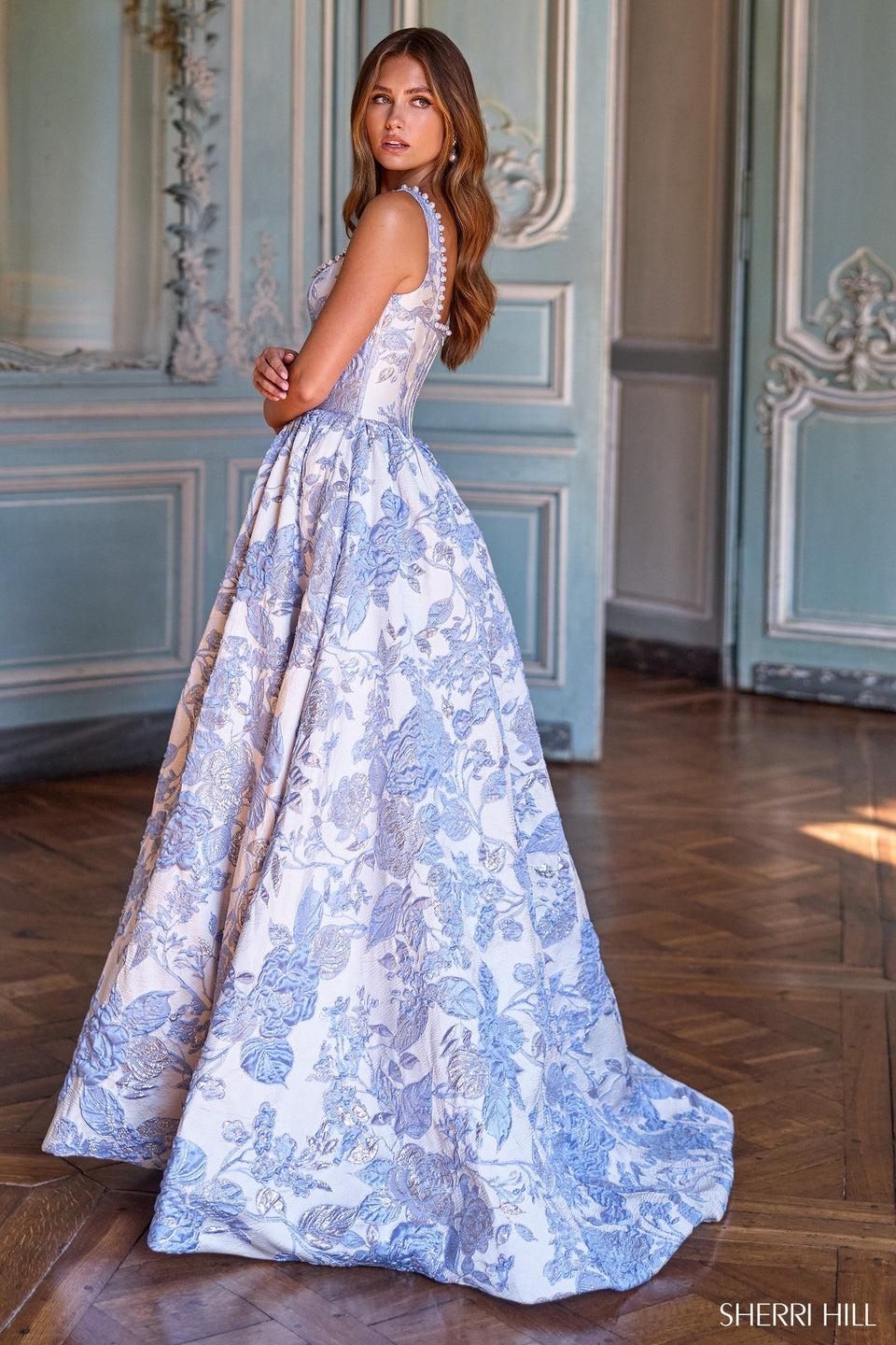 Sherri Hill Brocade Ballgown With Corset Bodice And Pearl Embellishments