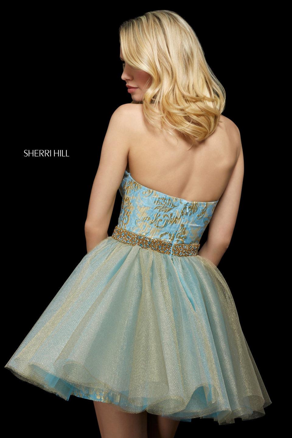 Sherri Hill Brocade Cocktail Dress With Beaded High Halter Neckline And Tulle Overskirt
