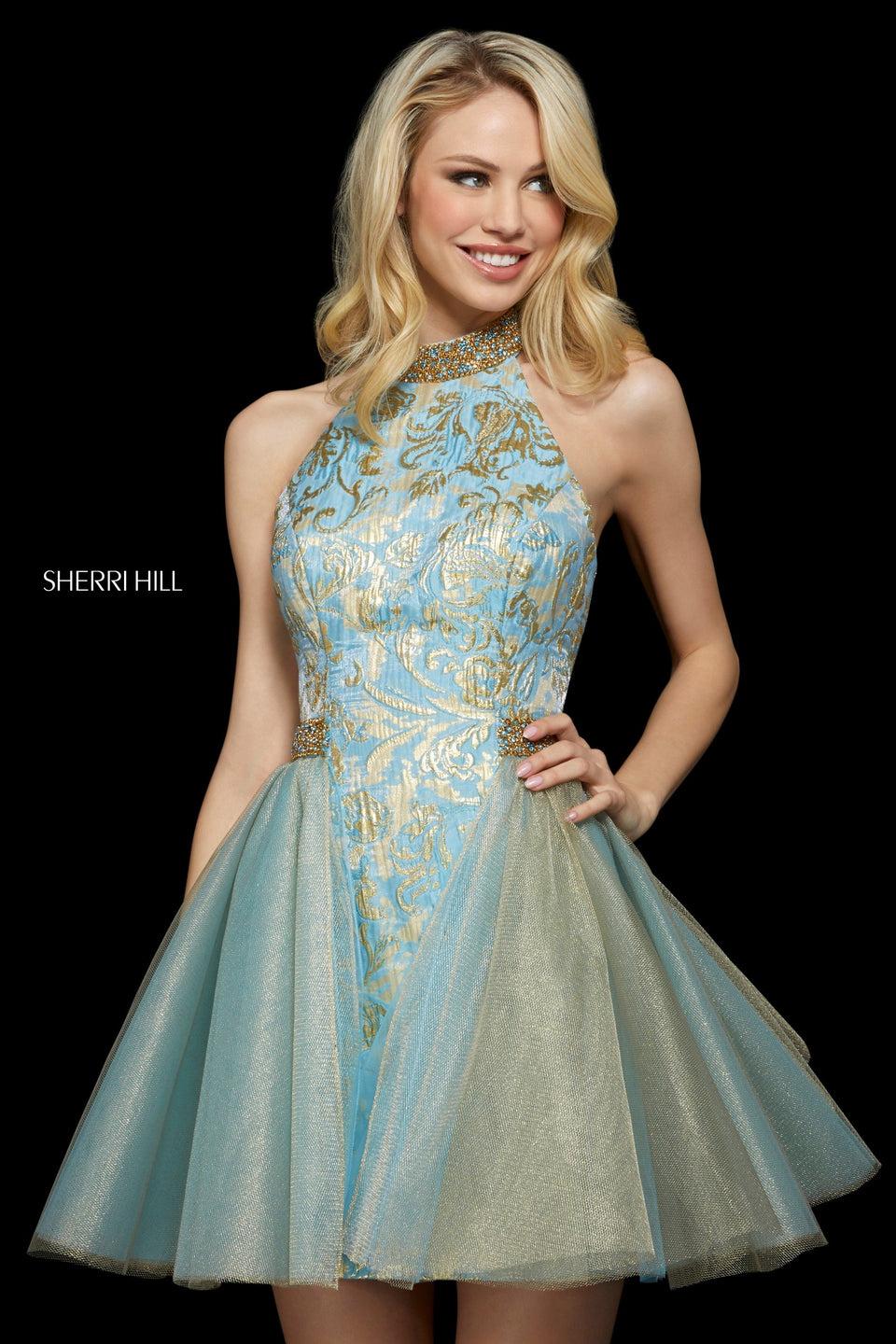 Sherri Hill Brocade Cocktail Dress With Beaded High Halter Neckline And Tulle Overskirt