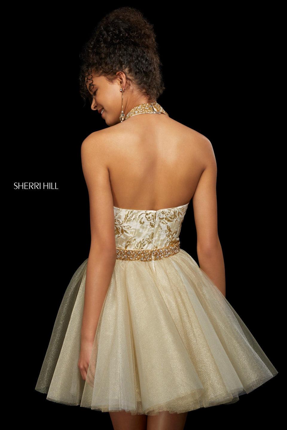 Sherri Hill Brocade Cocktail Dress With Beaded High Halter Neckline And Tulle Overskirt