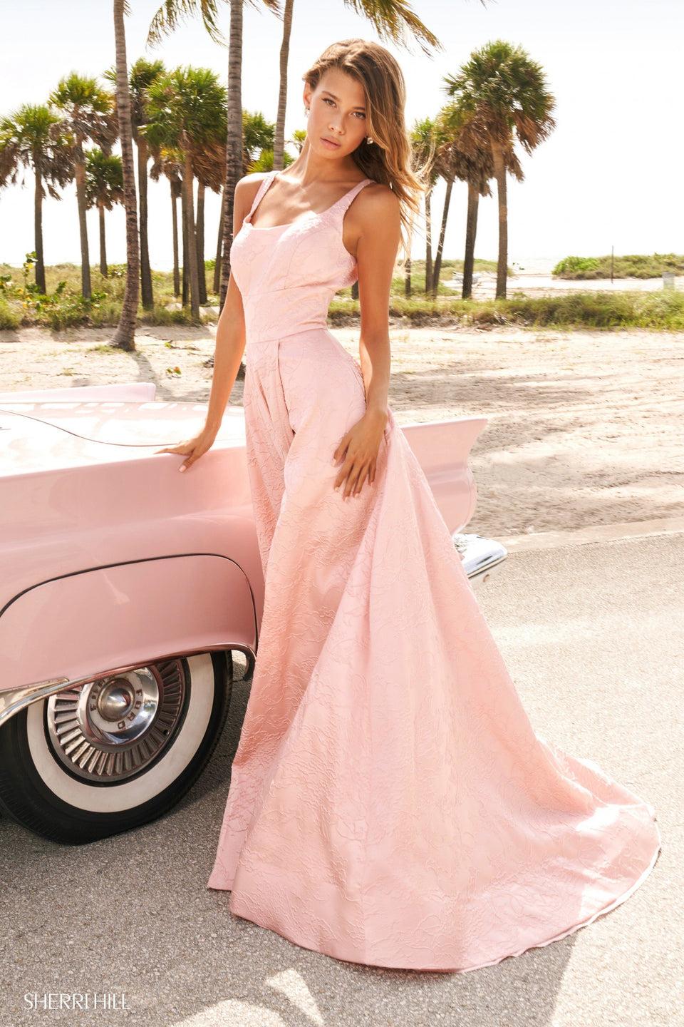 Sherri Hill Brocade Gown With Straight Neckline And Skirt Slit