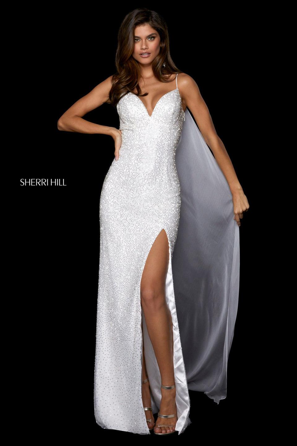 Sherri Hill Bugle Beaded Fitted Gown With V Sweetheart Neckline Skirt Slit And Chiffon Cape Train