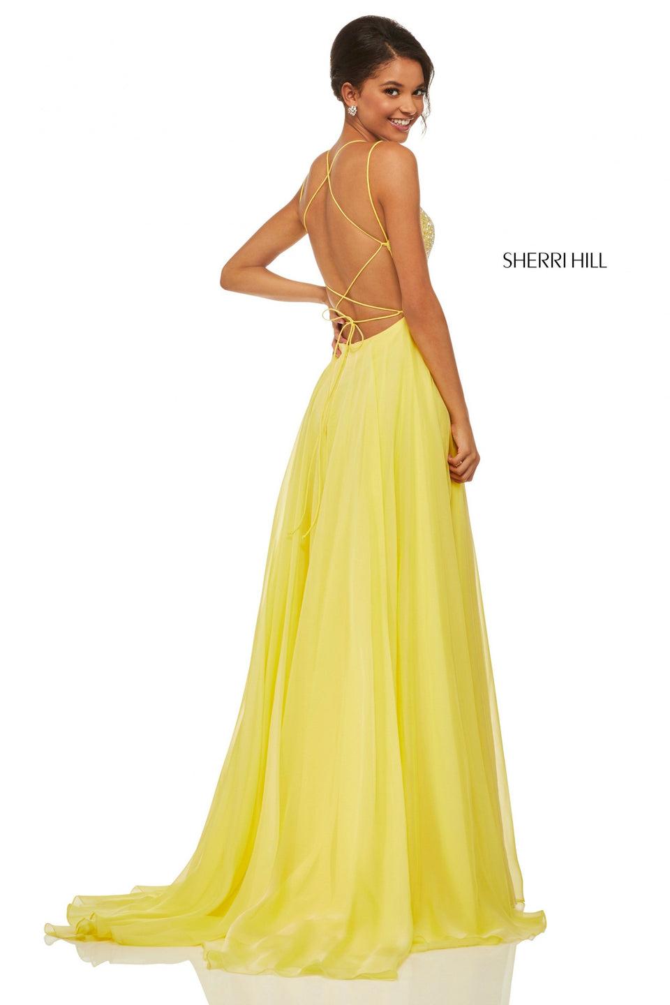 Sherri Hill Bugle Beaded Lace Up Back Bodice With Chiffon Skirt