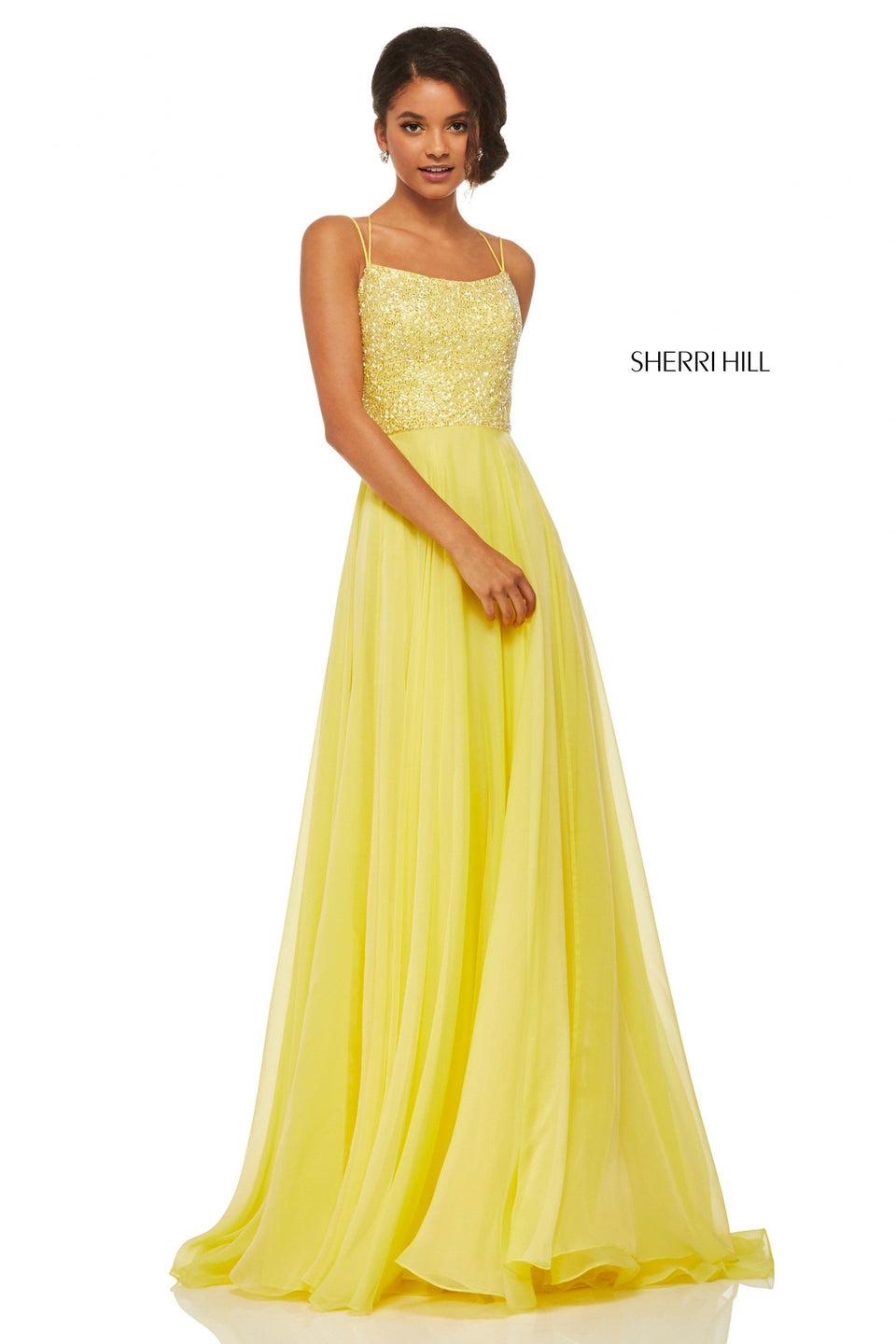 Sherri Hill Bugle Beaded Lace Up Back Bodice With Chiffon Skirt