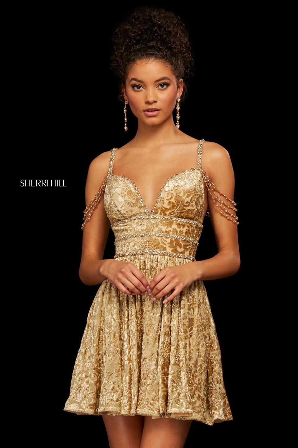 Sherri Hill Burn Out Velvet Cocktail Dress With Sweetheart Neckline And Draped Beaded Shoulder Detailing