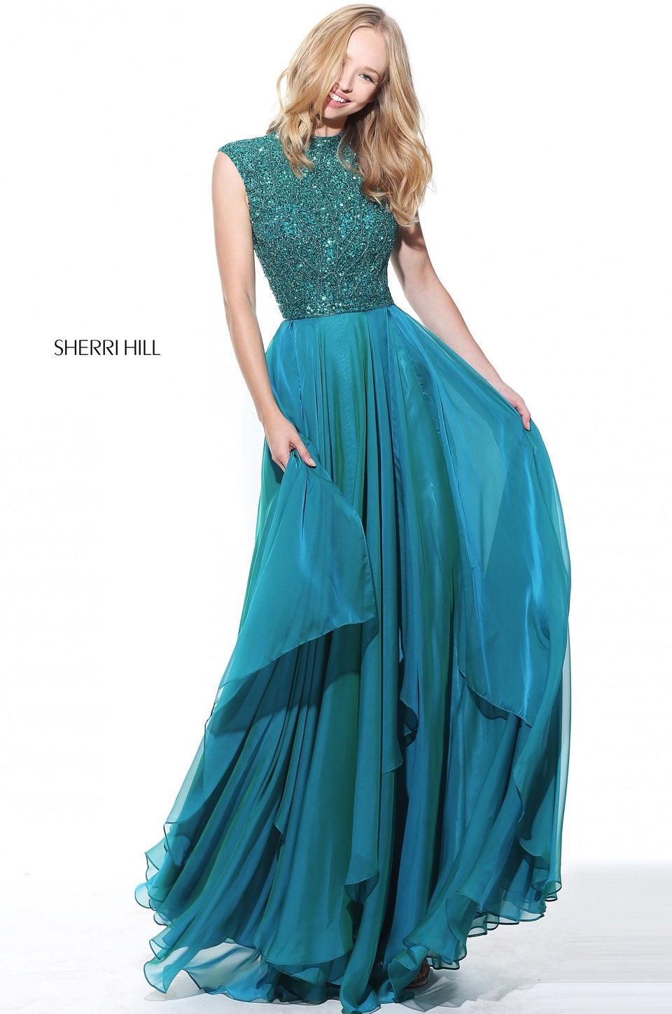 sherri hill Cap sleeve beaded bodice with a layered chiffon skirt