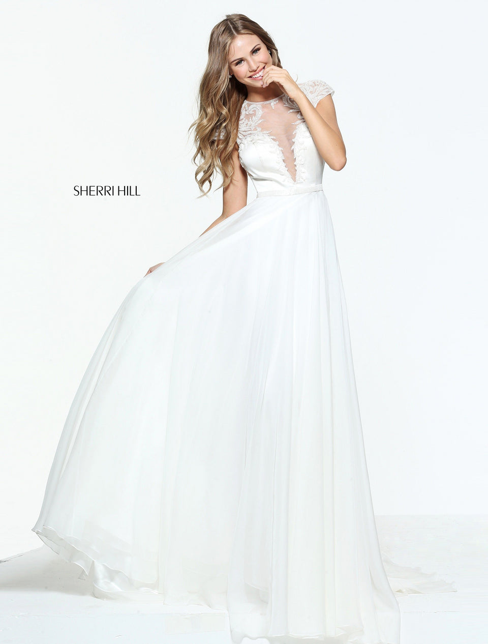sherri hill Cap sleeve chiffon with a beaded bodice and waist band