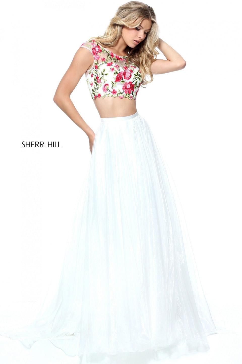 Sherri Hill Cap Sleeve Flower Appliqued Two-piece A-line Gown With A Chiffon Skirt