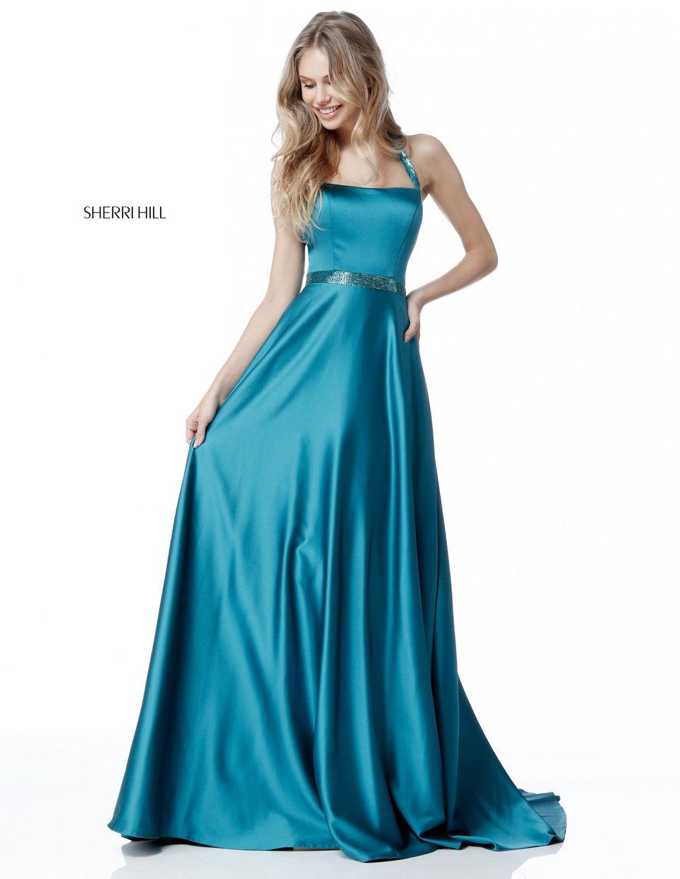 Sherri Hill Charmeuse Gown With Beaded Detail On Belt And Straps