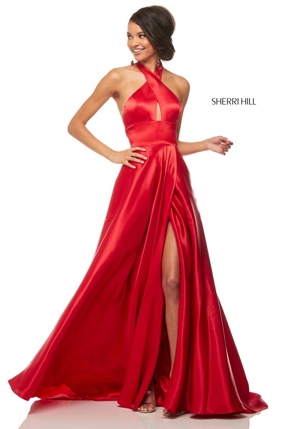 Sherri Hill Charmeuse Gown With Criss-cross Halter Neckline And Skirt Slit