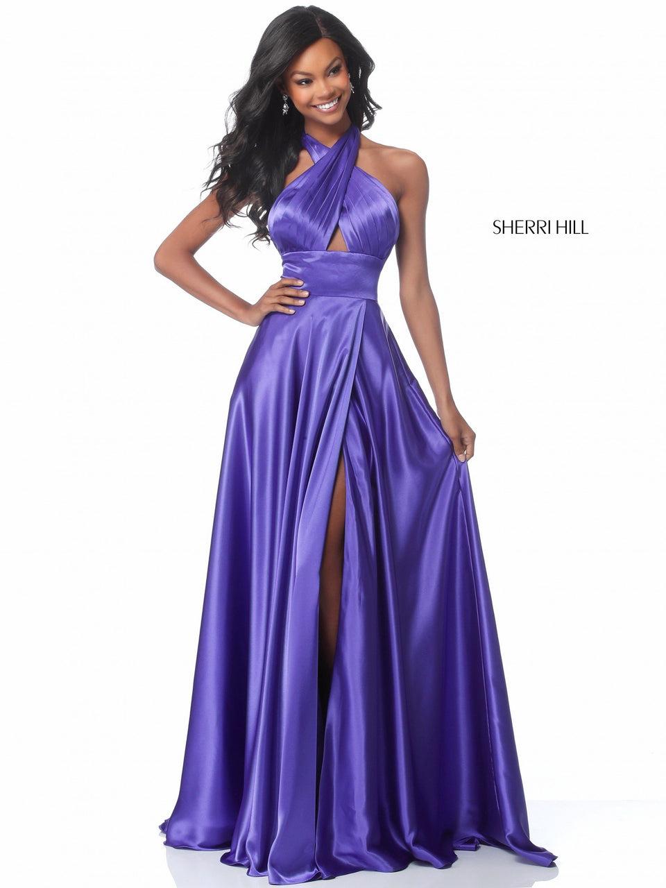 Sherri Hill Charmeuse Gown With Cross Front Halter Bodice And Slit Skirt