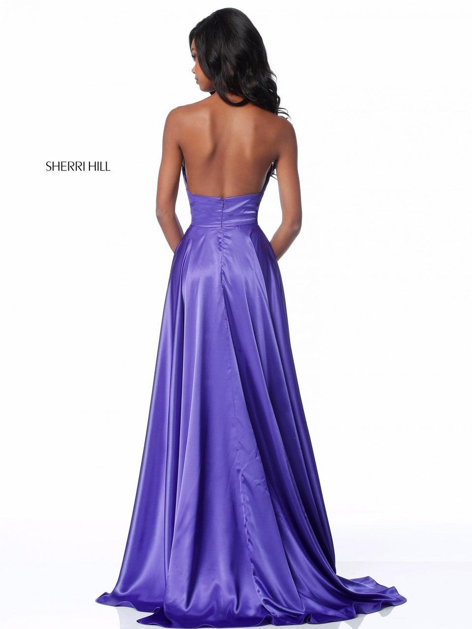 Sherri Hill Charmeuse Gown With Cross Front Halter Bodice And Slit Skirt