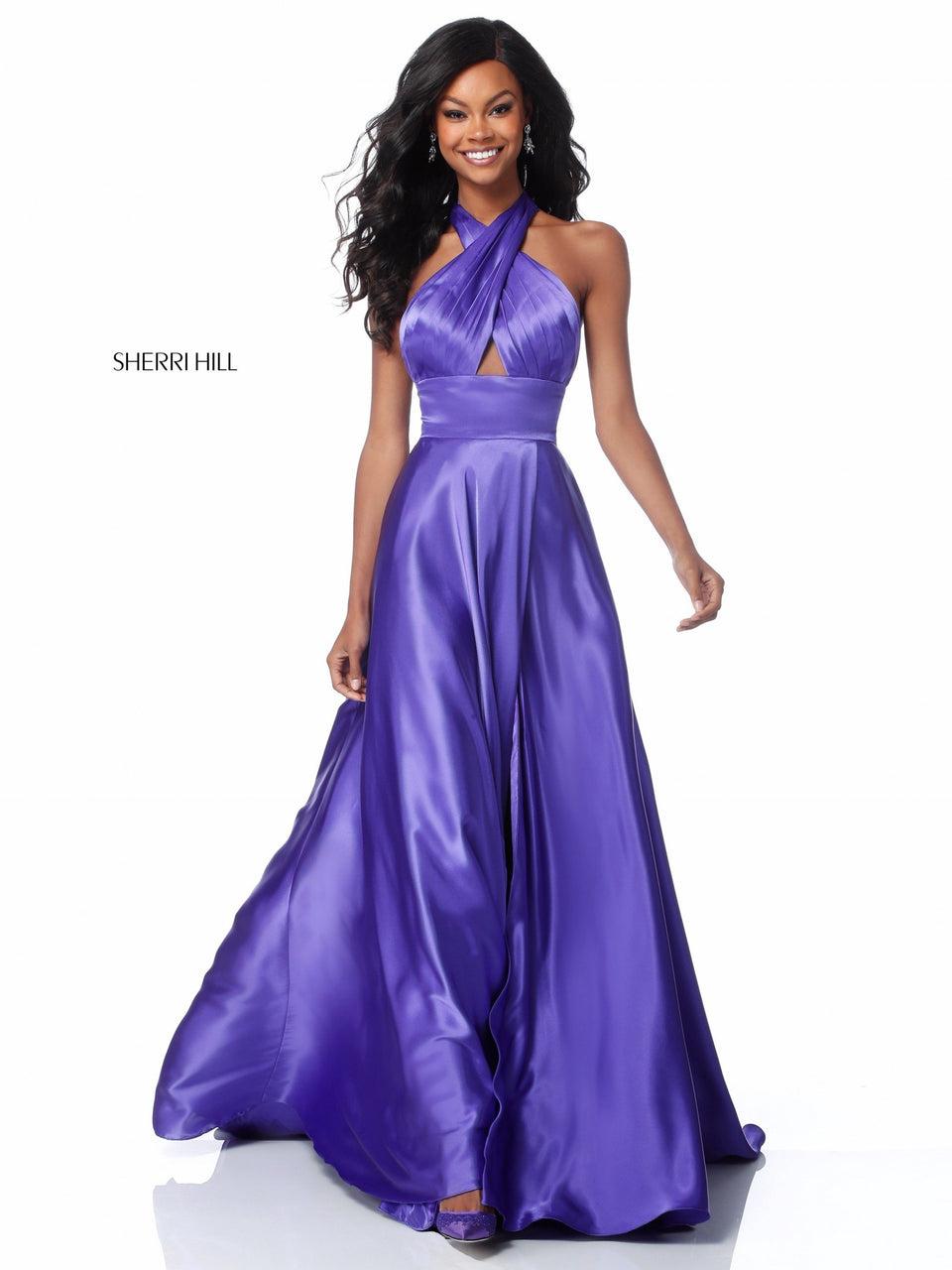 Sherri Hill Charmeuse Gown With Cross Front Halter Bodice And Slit Skirt
