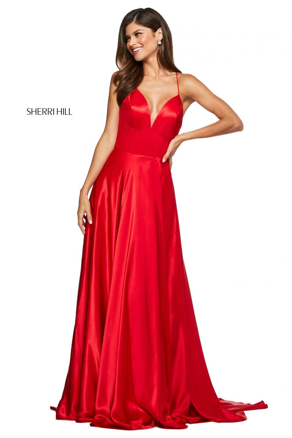 Sherri Hill Charmeuse Gown With Deep Sweetheart Neckline And Strappy Lace Up Back