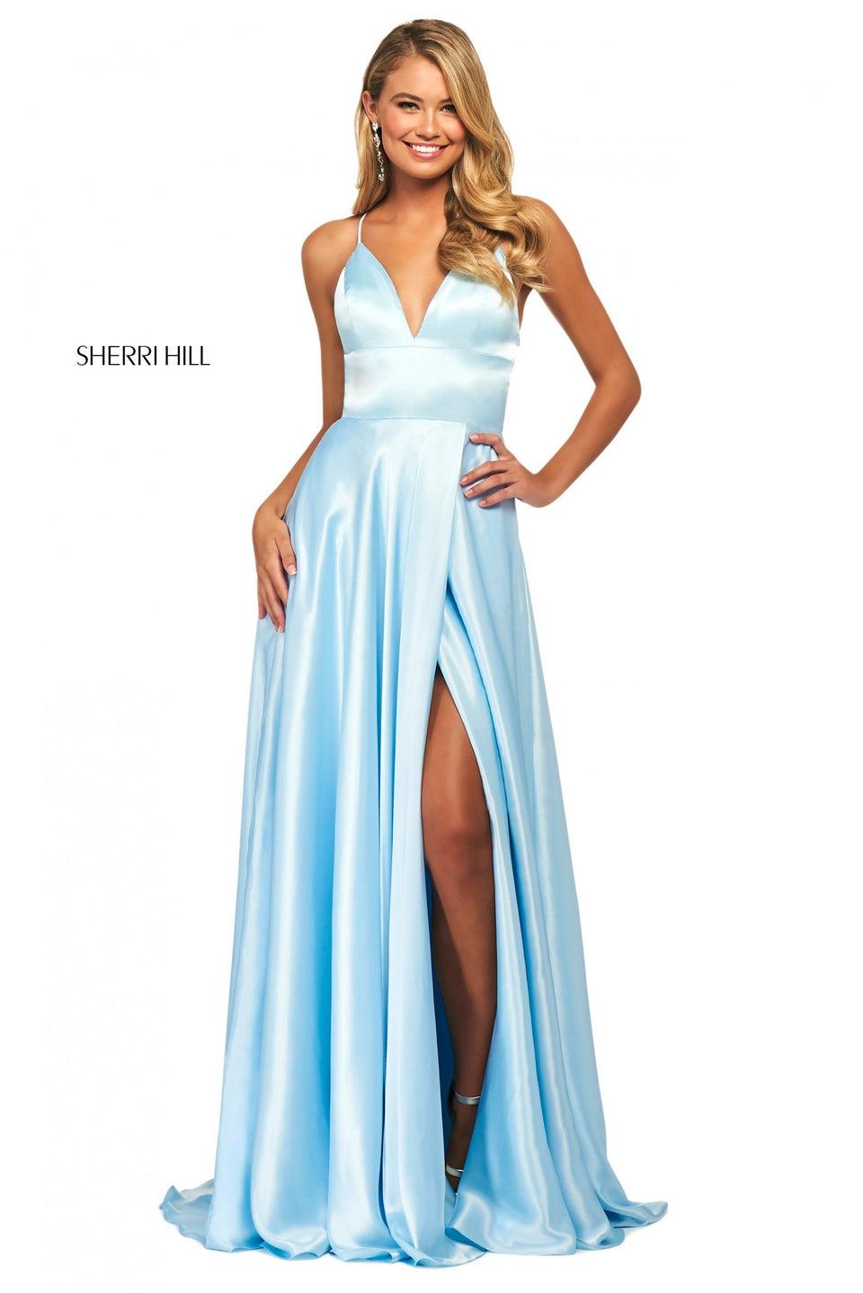sherri hill Charmeuse gown with deep sweetheart neckline and strappy lace up back
