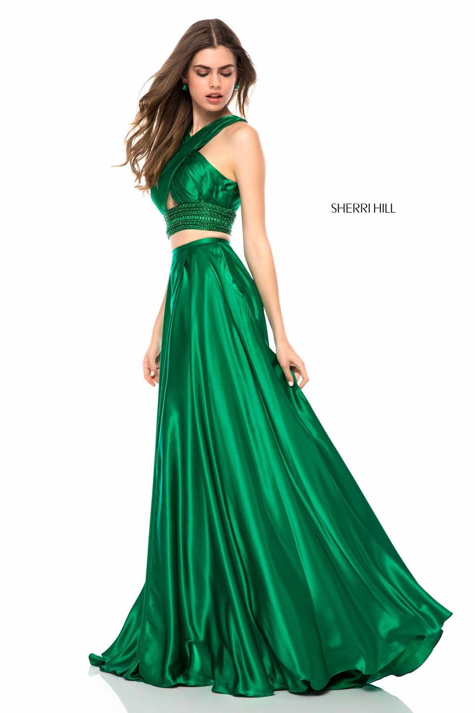 sherri hill Charmeuse gown with front cross keyhole bodice beaded belt and slit skirt