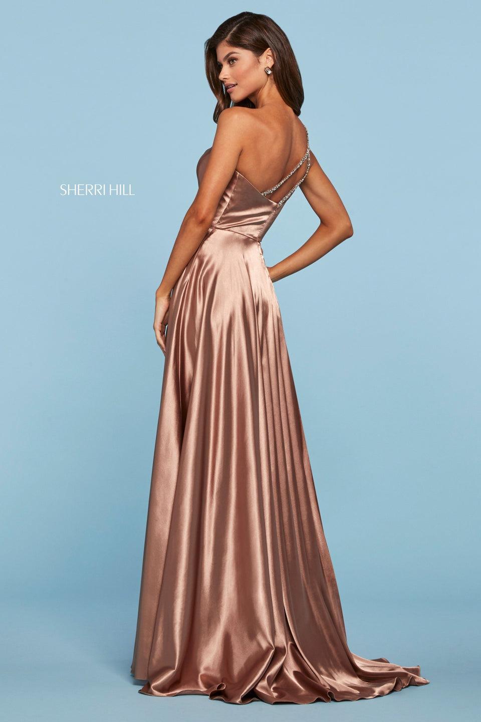 Sherri Hill Charmeuse Gown With One Shoulder Neckline With Beaded Straps And Skirt Slit
