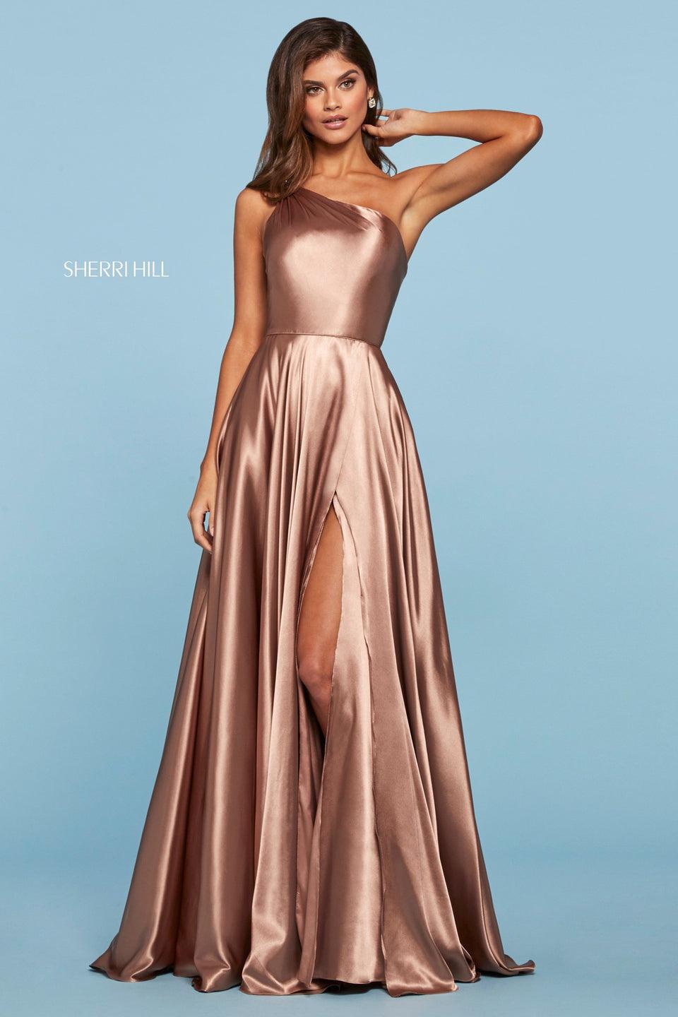 Sherri Hill Charmeuse Gown With One Shoulder Neckline With Beaded Straps And Skirt Slit