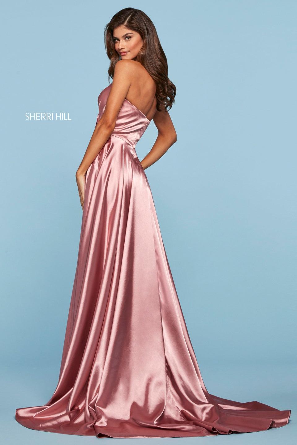 Sherri Hill Charmeuse Gown With Pleated Bodice With Strapless Sweetheart Neckline Embellished Waist And Lace Under Layer Insert In Skirt
