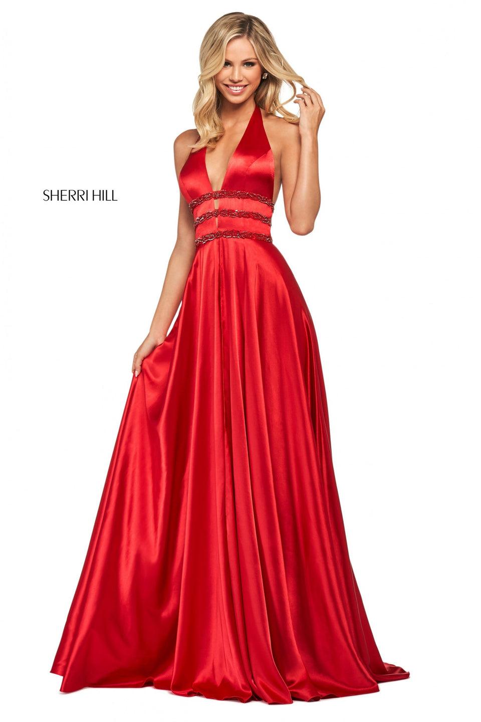 Sherri Hill Charmeuse Gown With Plunging Halter Neckline And Beaded Triple Waistbands