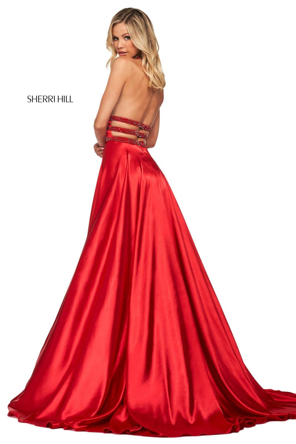 Sherri Hill Charmeuse Gown With Plunging Halter Neckline And Beaded Triple Waistbands