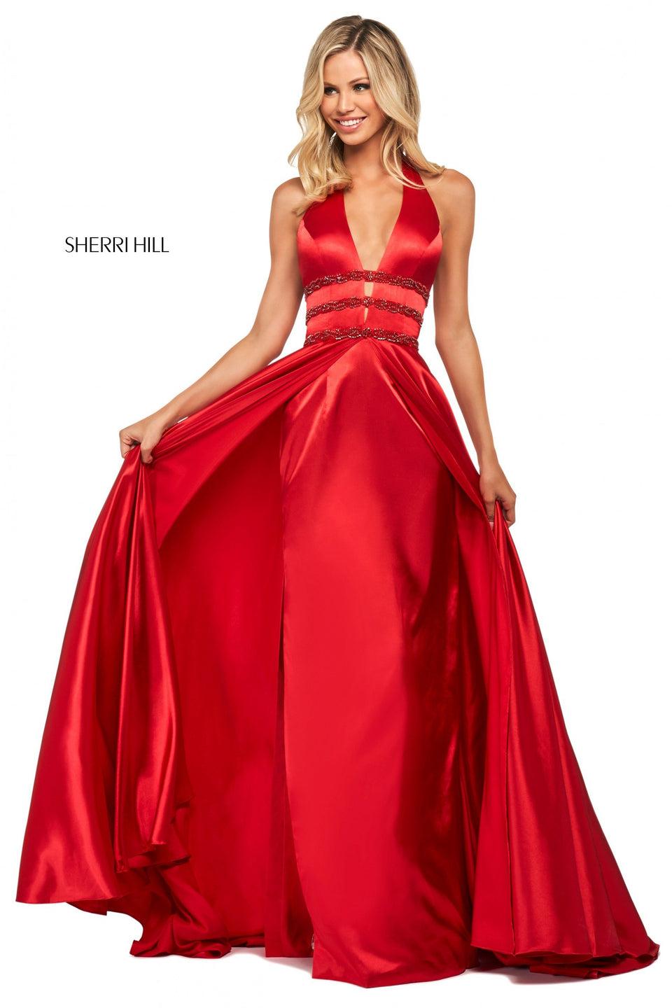 sherri hill Charmeuse gown with plunging halter neckline and beaded triple waistbands