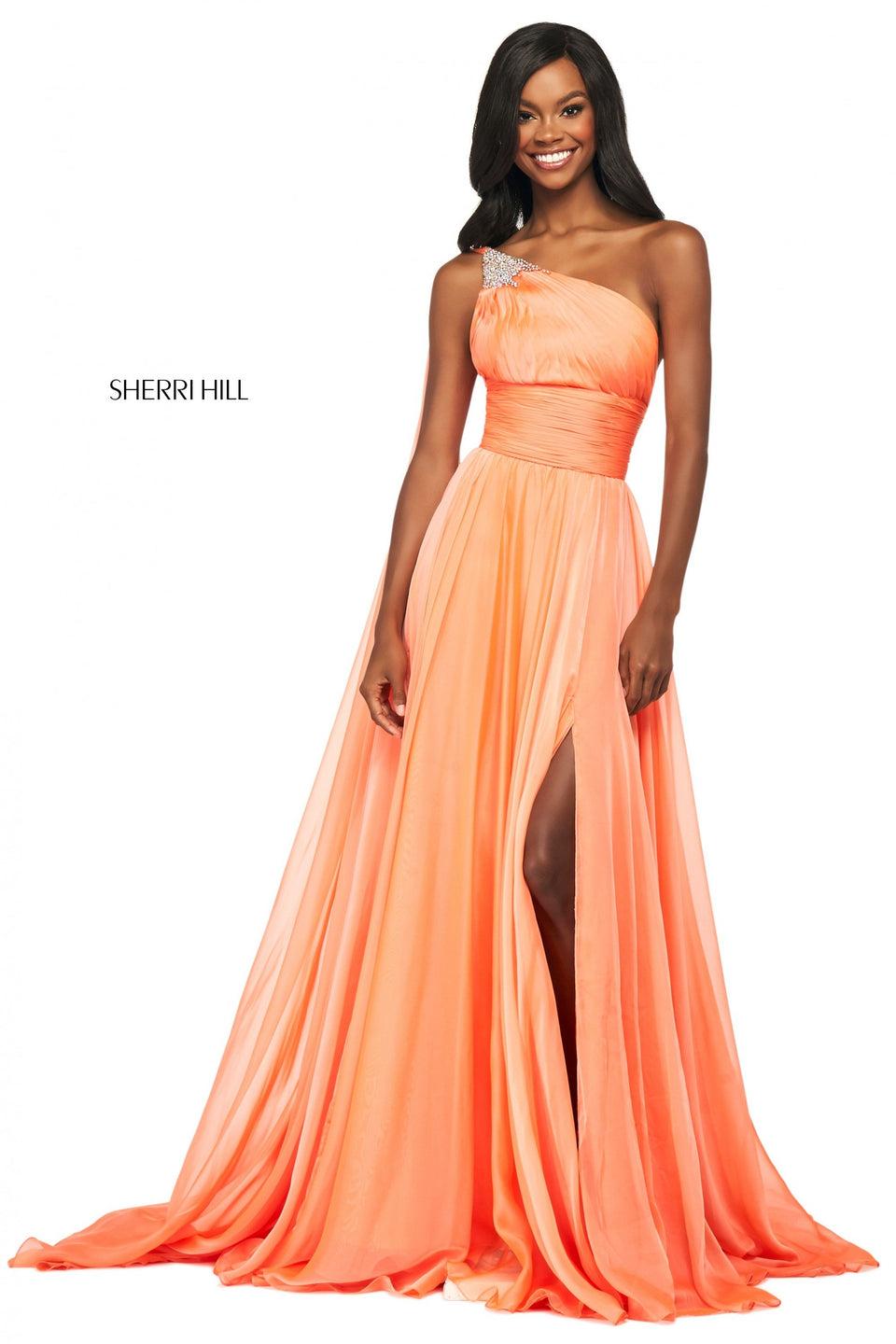 Sherri Hill Charmeuse Gown With Ruched Bodice And One Shoulder Neckline With Embellishments And Train On Shoulder