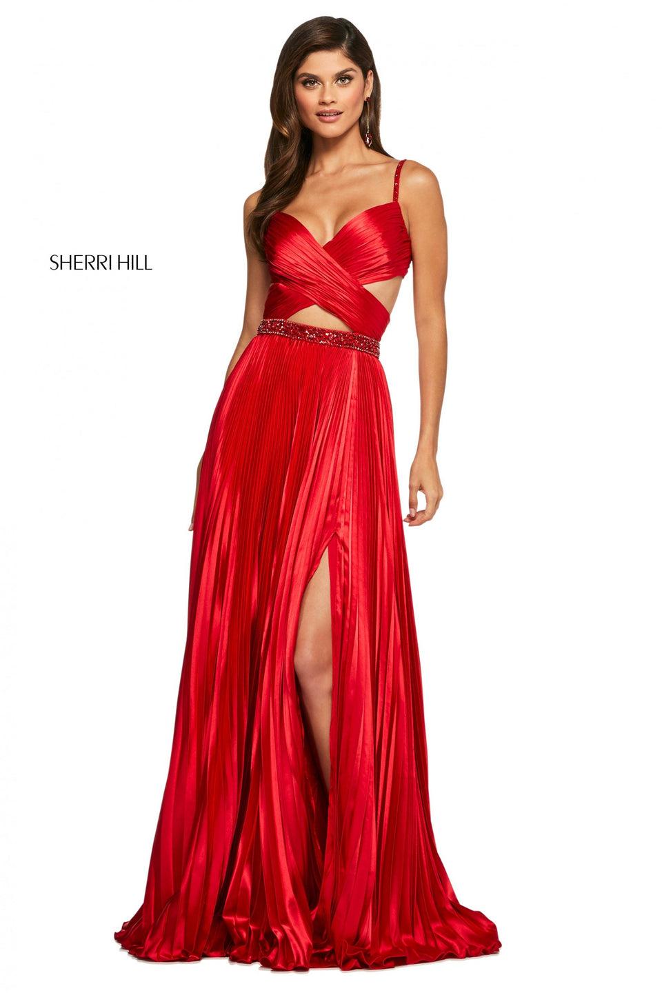 sherri hill Charmeuse gown with ruched criss cross top beaded belt and straps and knife pleated skirt with slit