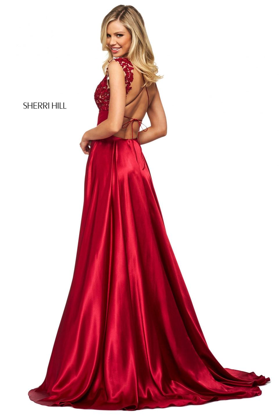 Sherri Hill Charmeuse Gown With Skirt Slit Beaded Lace Plunging Neckline Bodice And Open Lace Up Back