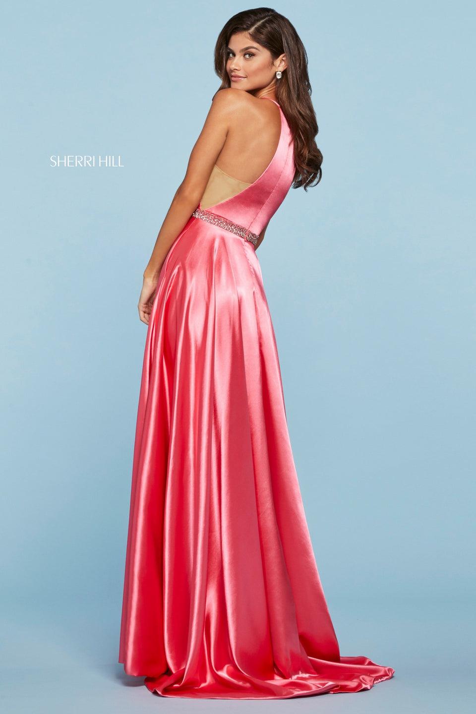 Sherri Hill Charmeuse Gown With Skirt Slit High Neck Halter Style Neckline And Beaded Belt