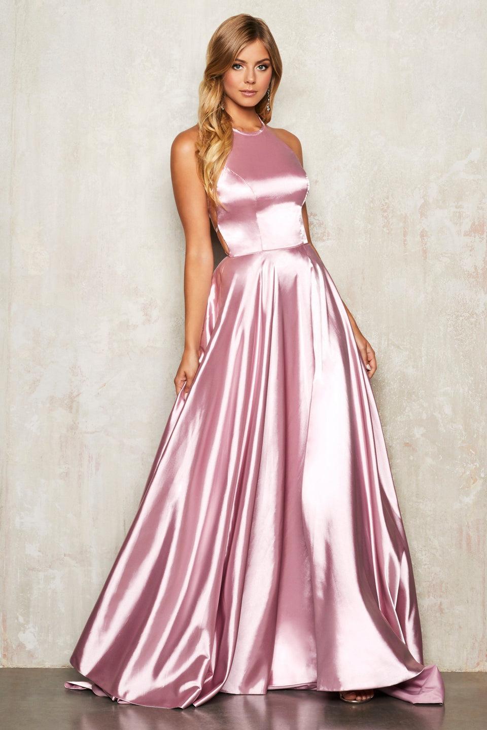 Sherri Hill Charmeuse Halter Top Gown With High Slit