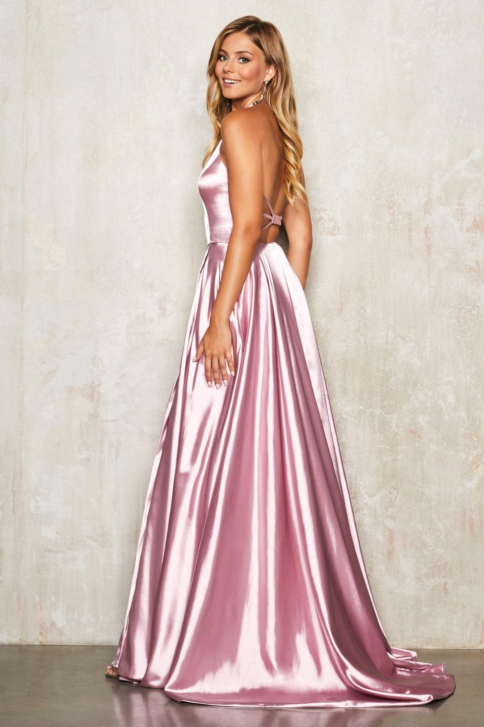 Sherri Hill Charmeuse Halter Top Gown With High Slit