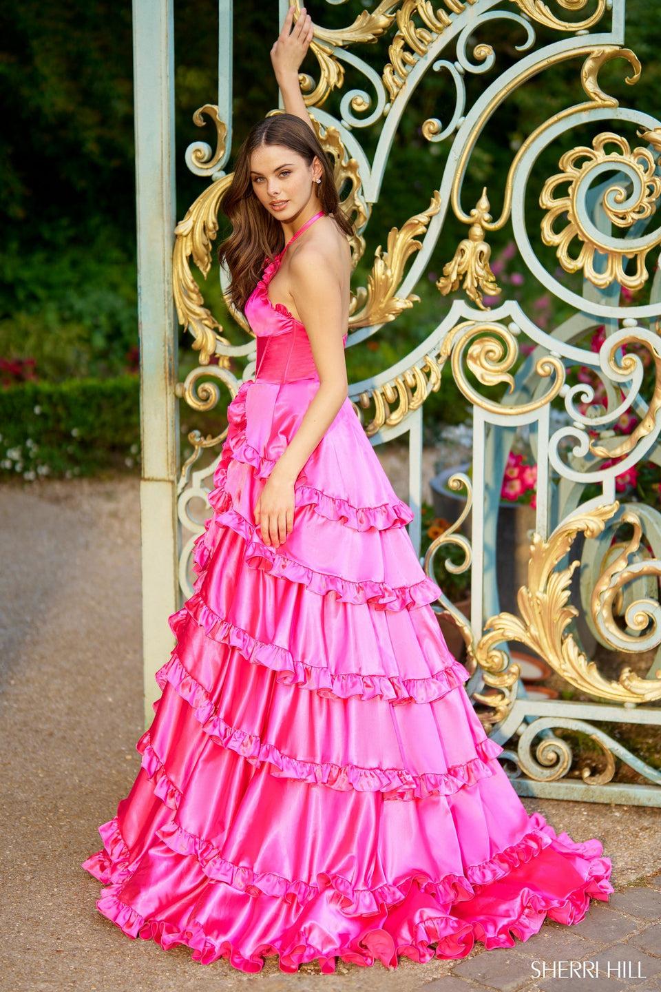 Sherri Hill Charmeuse High Neckline Ball Gown With Ruffle Trims On Skirt Slit