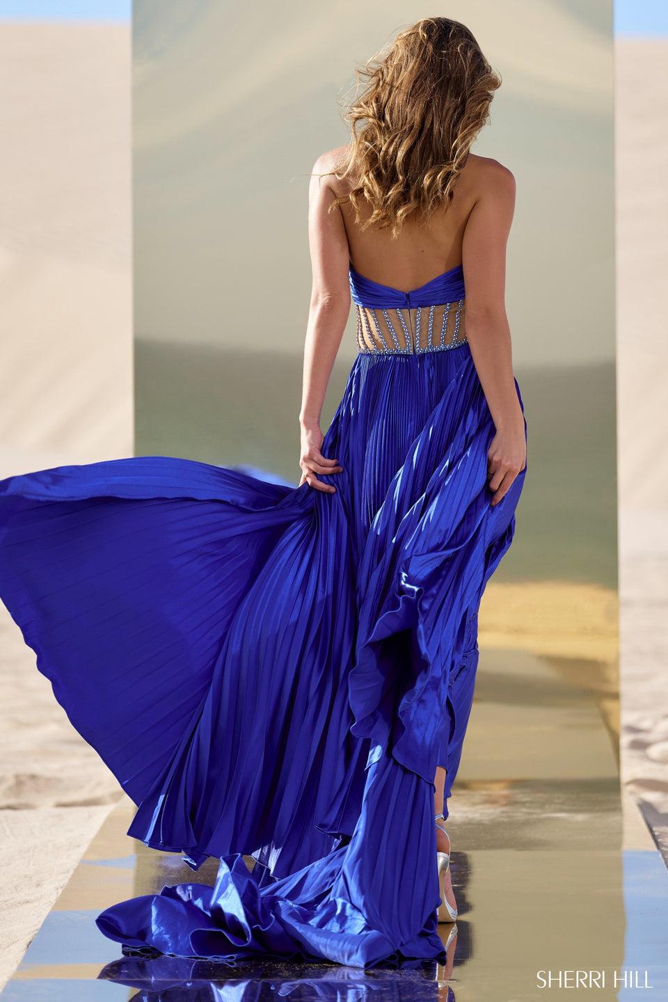 Sherri Hill Charmeuse Pleated Gown With Criss Cross Neckline Beaded Waistband And Skirt Slit