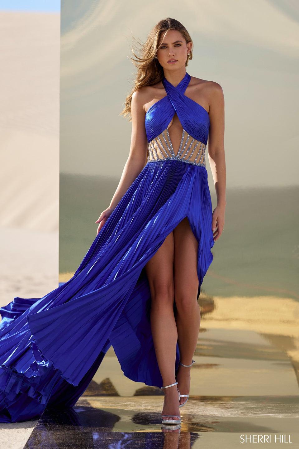 sherri hill Charmeuse pleated gown with criss cross neckline beaded waistband and skirt slit