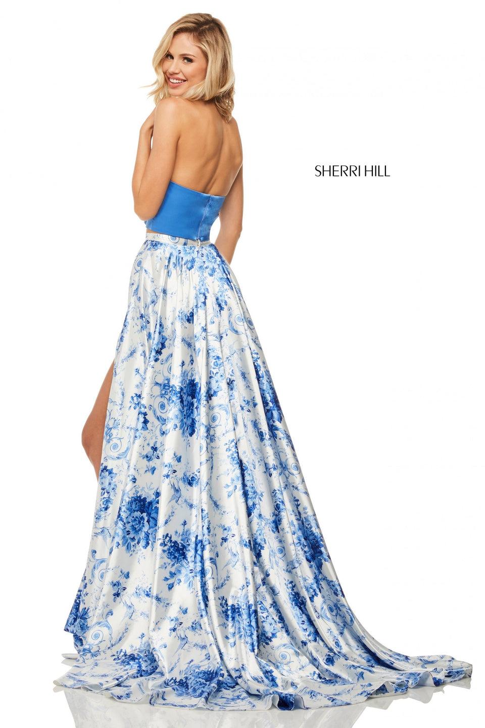 Sherri Hill Charmeuse Two-piece With Ivory Blue Print Skirt With A Slit And High Neck Top