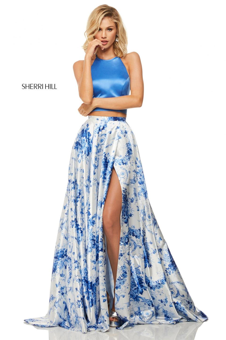 sherri hill Charmeuse two-piece with ivory blue print skirt with a slit and high neck top