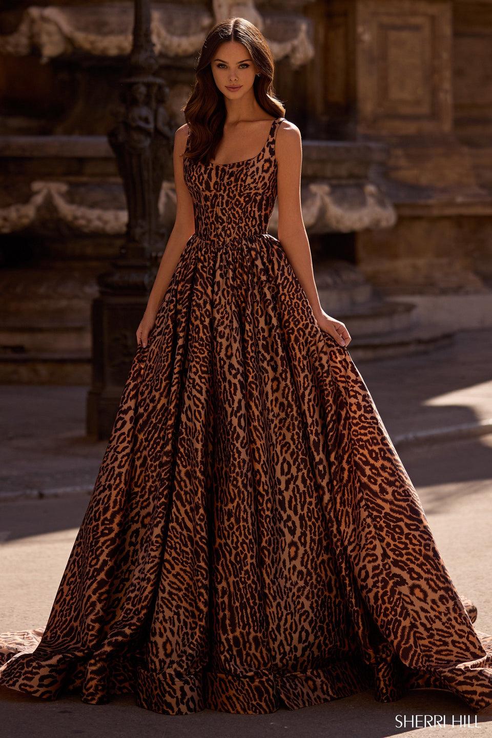 Sherri Hill Cheetah Print Gown With Corset Bodice And Skirt Slit