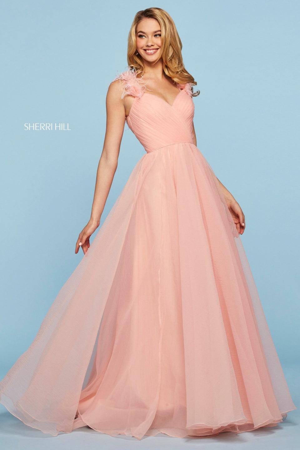 Sherri Hill Chiffon A-line Dress With Ruched Wrap Bodice With Sweetheart Neckline High Skirt Slit And Flower Appliques With Feathers On Shoulders
