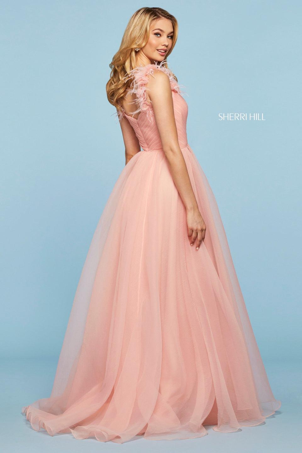 Sherri Hill Chiffon A-line Dress With Ruched Wrap Bodice With Sweetheart Neckline High Skirt Slit And Flower Appliques With Feathers On Shoulders