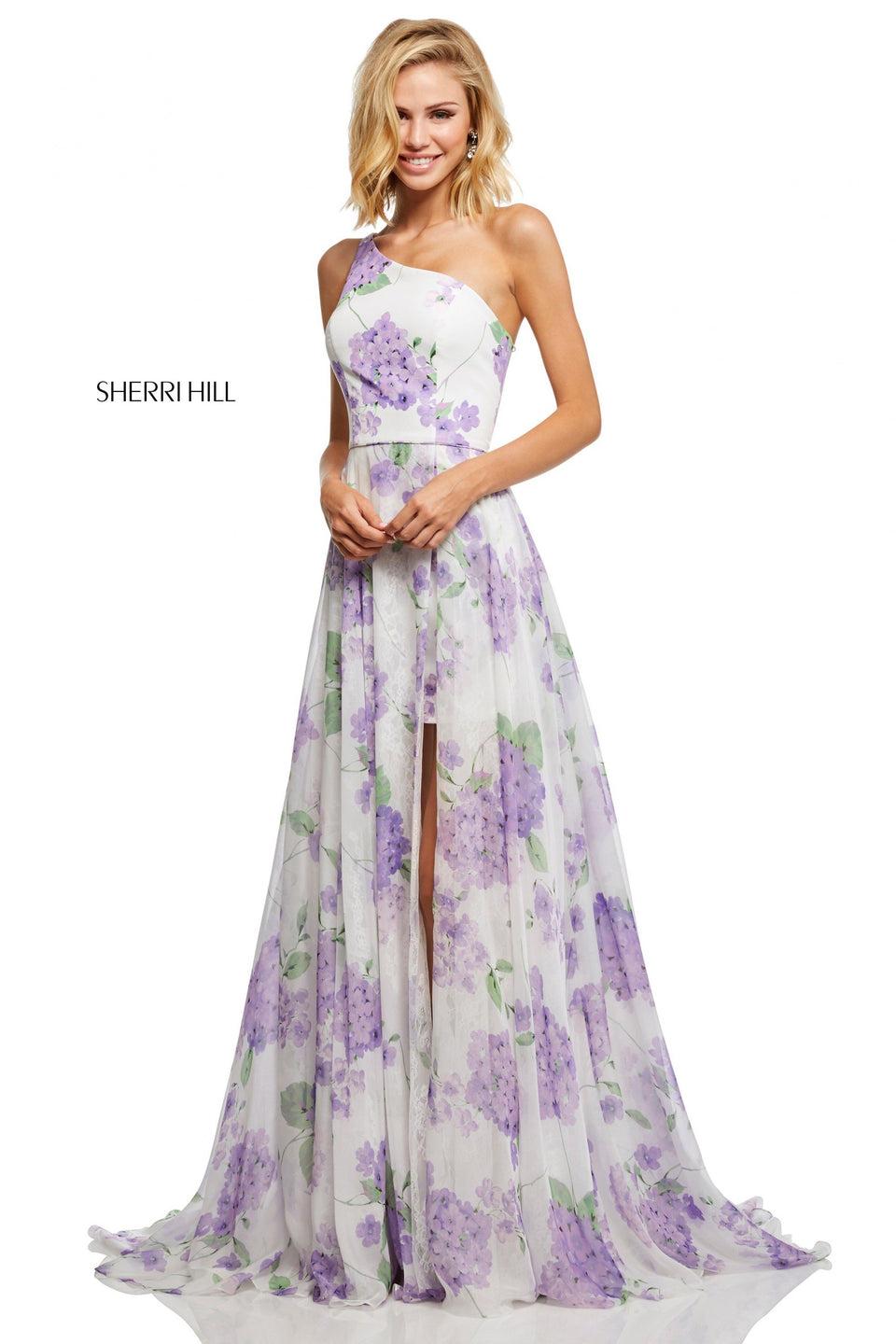Sherri Hill Chiffon A-line Floral Print Gown With One-shoulder And A Slit