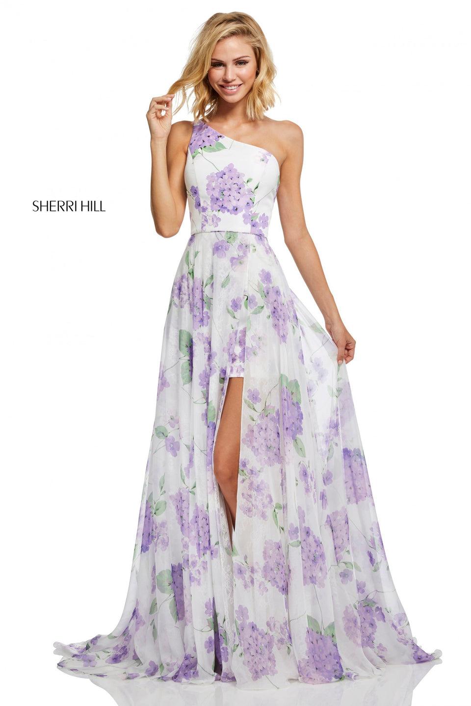 sherri hill Chiffon A-line floral print gown with one-shoulder and a slit