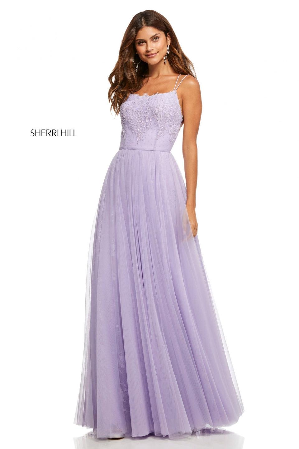 sherri hill Chiffon and lace skirt with pearl beaded lace applique point desprit bodice