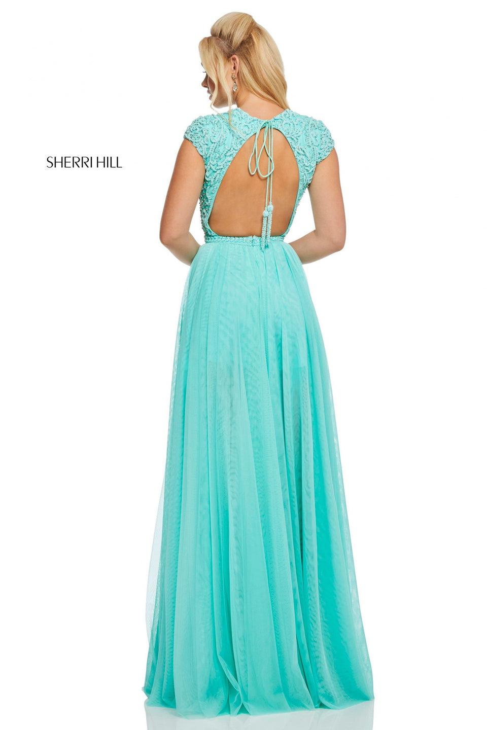 Sherri Hill Chiffon Gown With Beaded Cap Sleeve Bodice And Open Back With Tassel Ties