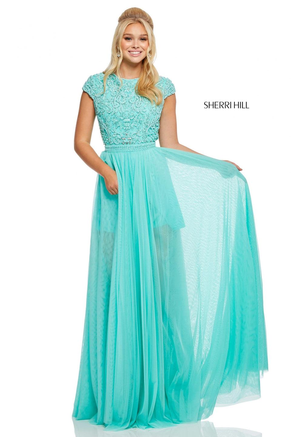 sherri hill Chiffon gown with beaded cap sleeve bodice and open back with tassel ties