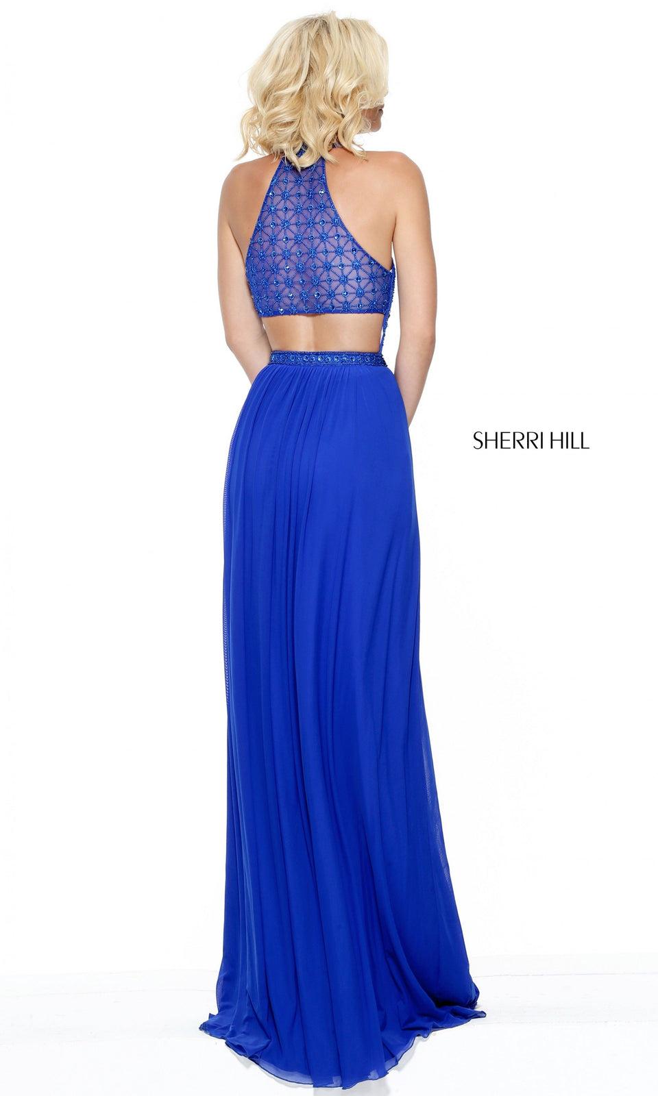 Sherri Hill Chiffon Gown With Beaded High Neck Halter Bodice