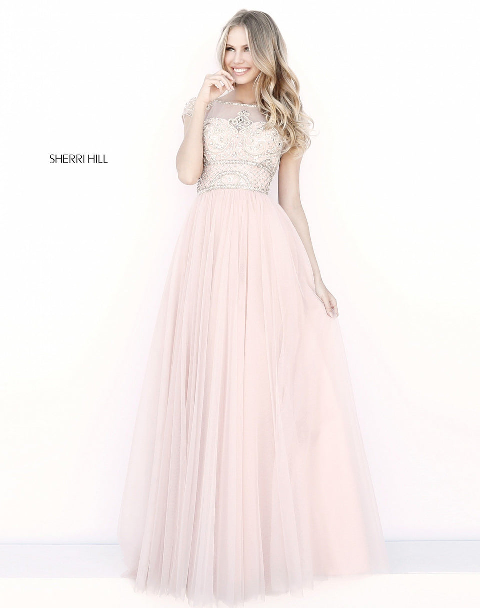 Sherri Hill Chiffon Gown With Beaded Short Sleeved Bodice